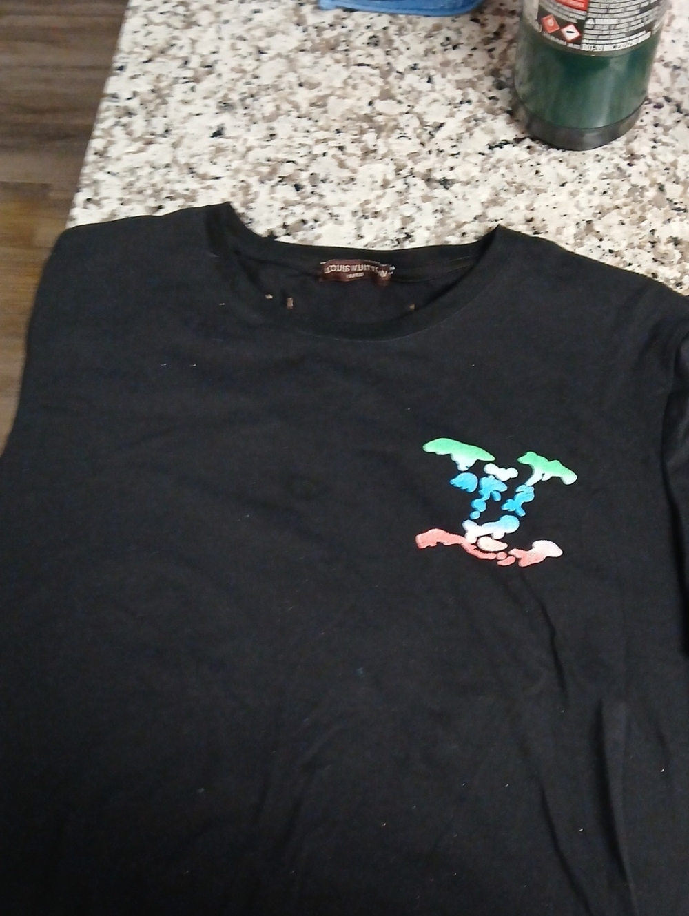 Louis Vuitton Black Short Sleeve Tee with Neon Green, Bright Blue and Coral Logo